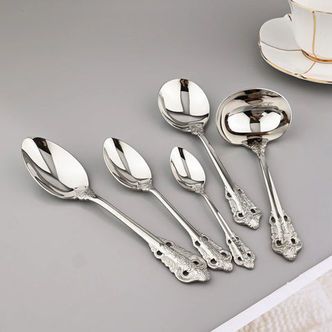 AJOYOUS Dinnerware Set Western Cutlery Stainless Steel Steak Knife Fork Spoon Luxury Silver Plated Tableware Vintage Flatware