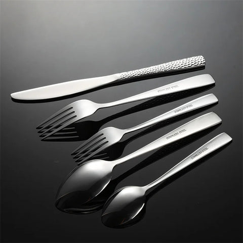 Hammered Pattern 430 Stainless Steel Cutlery Set Spoon Knife Fork Square Handle Dinnerware Luxury Retro Tableware Offers