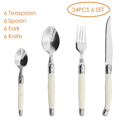 6-24pcs Laguiole Stainless Steel White Silverware Steak Knives Table Forks Dinner Spoons Dessert Teaspoon Set  Cutlery