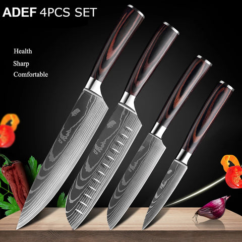 7CR17 Japanese Kitchen Knives Set Laser Damascus Pattern Chef Knife Sharp Santoku Cleaver Slicing Utility Knives Tools