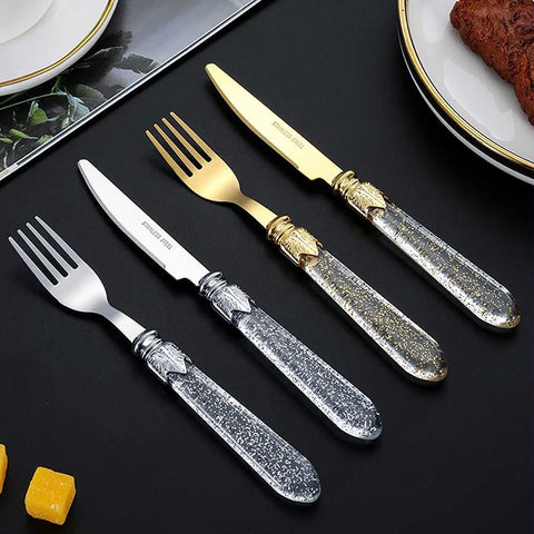 12pcs Silver Golden Knife And Fork Gift Set Transparent Handle Cutlery Hotel Steak Golden Spoon And Fork Set