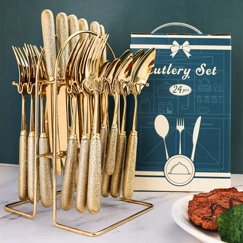 24 Sets Stainless Steel Tableware Vacuum Titanium Plating Simple Knives Forks Spoons Tea Spoons  Dinnerware Set Cutlery Set