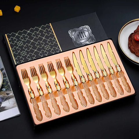 12pcs Silver Golden Knife And Fork Gift Set Transparent Handle Cutlery Hotel Steak Golden Spoon And Fork Set