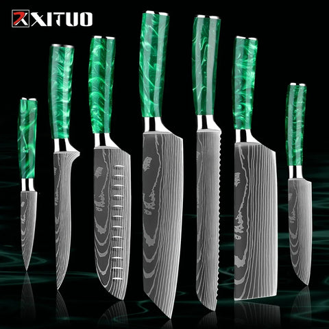 Pro Chef Knife Set 1-8PCS,7Cr17Mov Steel Kitchen Cooking Knives Utility Knife Super sharp Blade Ergonomic Green Resin Handle