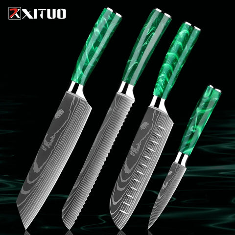 Pro Chef Knife Set 1-8PCS,7Cr17Mov Steel Kitchen Cooking Knives Utility Knife Super sharp Blade Ergonomic Green Resin Handle