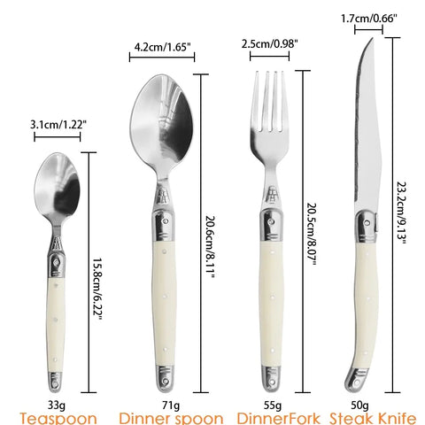 6-24pcs Laguiole Stainless Steel White Silverware Steak Knives Table Forks Dinner Spoons Dessert Teaspoon Set  Cutlery