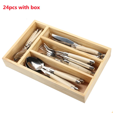 6-24pcs Laguiole Stainless Steel White Silverware Steak Knives Table Forks Dinner Spoons Dessert Teaspoon Set  Cutlery