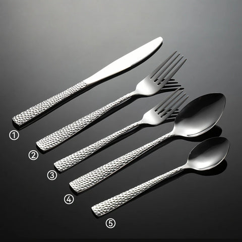 Hammered Pattern 430 Stainless Steel Cutlery Set Spoon Knife Fork Square Handle Dinnerware Luxury Retro Tableware Offers