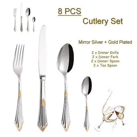 4/8/12/16/20/24/28 PCS Luxury Gold Plated Flatware Set Dishwasher Safe Cutlery Antique Silverware With Hollow Handle Table Knife