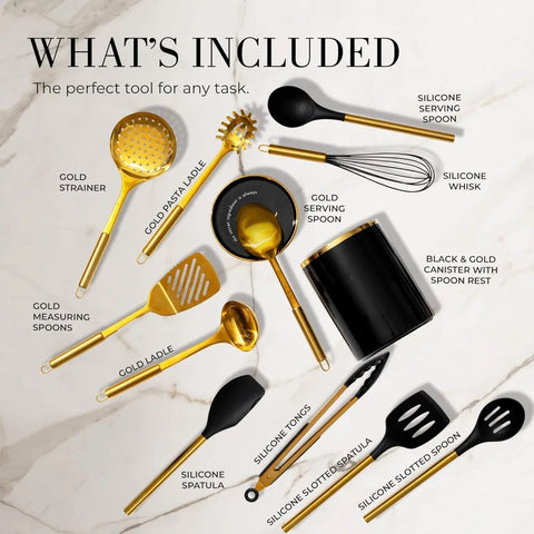 Styled Settings Black and Gold Cooking Utensils Set -13 PC Black and Gold Kitchen Utensils Set Includes Black Ceramic Utensil