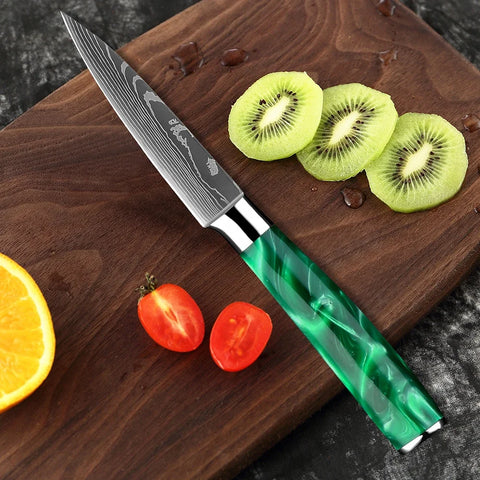 Pro Chef Knife Set 1-8PCS,7Cr17Mov Steel Kitchen Cooking Knives Utility Knife Super sharp Blade Ergonomic Green Resin Handle