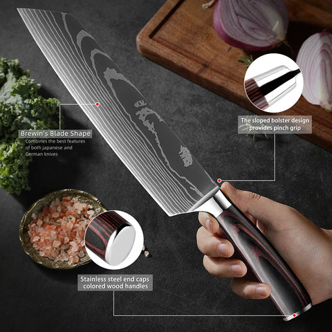 Professional Kitchen Knife Set 1-9PCS, Sharp Chef Knife Santoku Knife Fruit knife 7Cr17Mov Stainless Steel Ergonomic Wood Handle