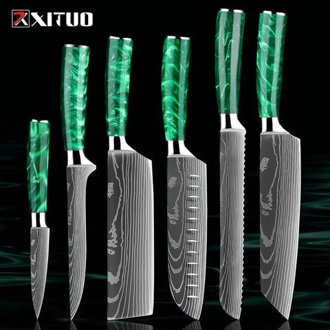 Pro Chef Knife Set 1-8PCS,7Cr17Mov Steel Kitchen Cooking Knives Utility Knife Super sharp Blade Ergonomic Green Resin Handle