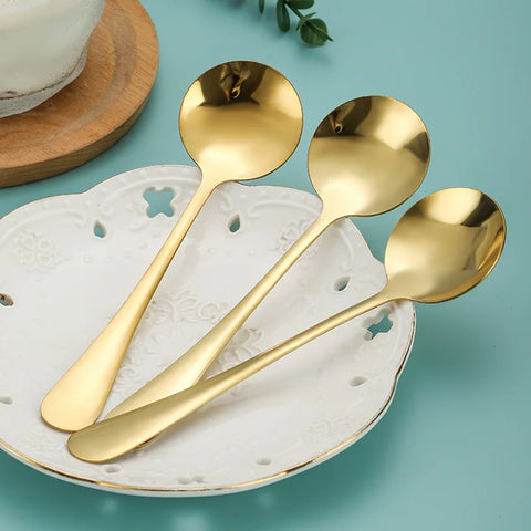 Golden Kids Spoon Soup Ladle Dessert Coffee Spoon Stainless Steel Round Head Teaspoons Kitchen Tableware Home Utensils