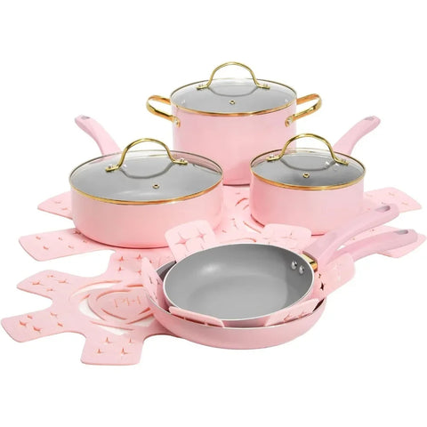 Paris Hilton Epic Nonstick Pots and Pans Set, Multi-layer Nonstick Coating, Tempered Glass Lids, Soft Touch, Stay Cool Handles