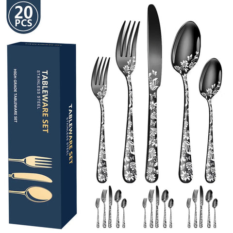 20Pcs Explosive Pattern Stainless Steel Cutlery Set Luxury Western Steak Dinnerware Set Knife Fork Spoon Set Tableware Black New