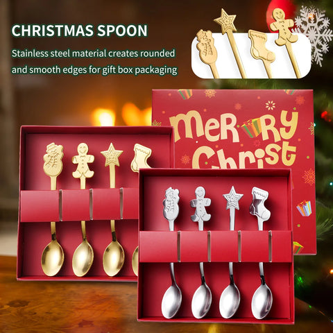 4pcs Stainless Steel Christmas Coffee Spoons Gold/Silver  With Gift Box  Gingerbread Man Dessert Spoons Cutlery Spoon Xmas Gift