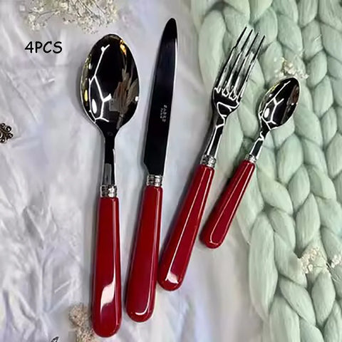 Stainless Steel Dinnerware Set with Luxurious Seashell Handle, Red and White Dinner Knife, Scoop and Fork