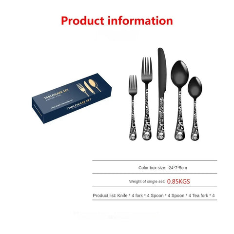 Stainless steel knife, fork and spoon set tableware Skull Western food gift box with 5 components for 4 people /8 people