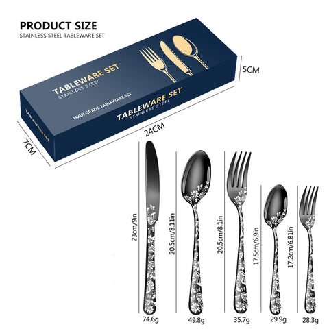 20Pcs Explosive Pattern Stainless Steel Cutlery Set Luxury Western Steak Dinnerware Set Knife Fork Spoon Set Tableware Black New