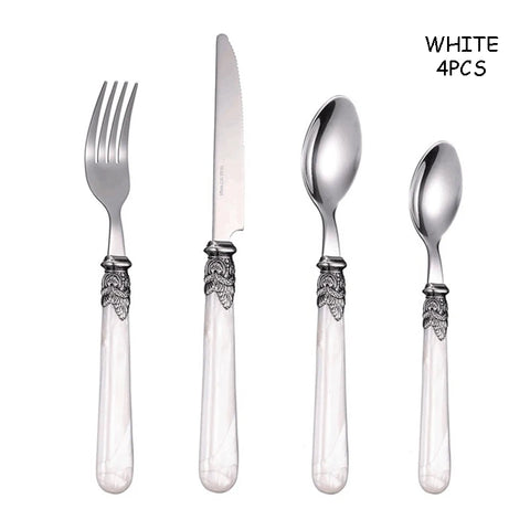 Stainless Steel Flatware Set, Knife, Fork, Spoon, Marble Plastic Handle, Household Light, Luxury Dessert Scoop, Steak Sword