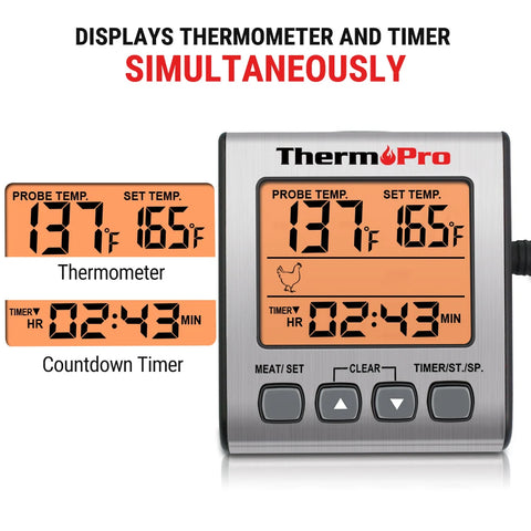 ThermoPro TP16S Backlight Digital BBQ Oven Grill Meat Thermometer With Probe Countdown Kitchen Timer