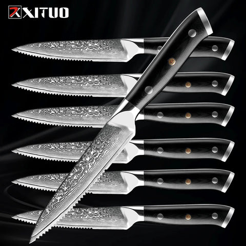 XITUO High Quality Damascus Steak Knife Set Japanes VG10 Steel Black G10 Handle Western Knife Home&Restaurant Dinner Meat Knives