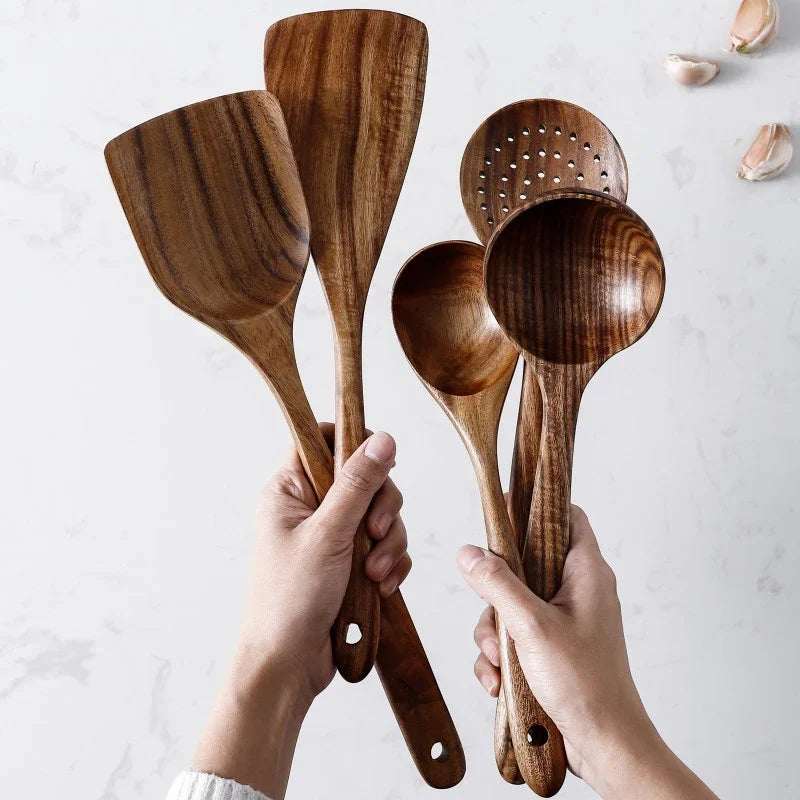 7pcs/set Teak Natural Wood Tableware Spoon Colander Spoon Special Nano Soup Skimmer Cooking Spoon Wooden Kitchen Tool Kit