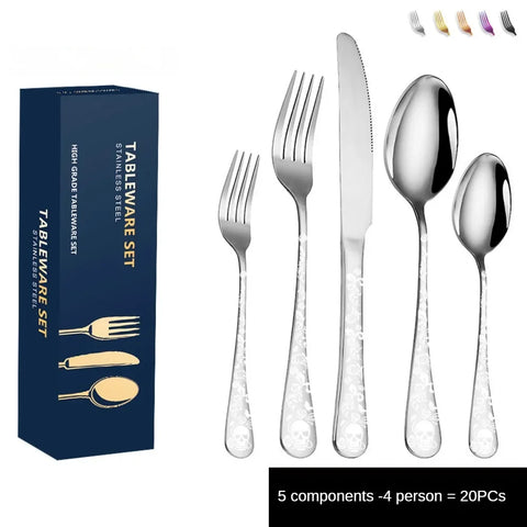 Stainless steel knife, fork and spoon set tableware Skull Western food gift box with 5 components for 4 people /8 people