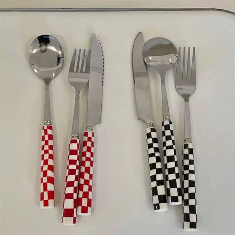 Korean Checkerboard Knife Fork Spoon Stainless Steel Cutlery Fork Knife Soup Dessert Ice Spoon Complete Dinner Dinnerware Set