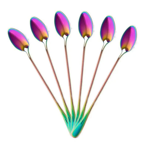 Coffee Teaspoons, Set Of 6 Rainbow Color Coffee Spoon Long-Handle Ice Cream Desert Spoon Cocktail Stir Spoons Mixing Spoon, Poin