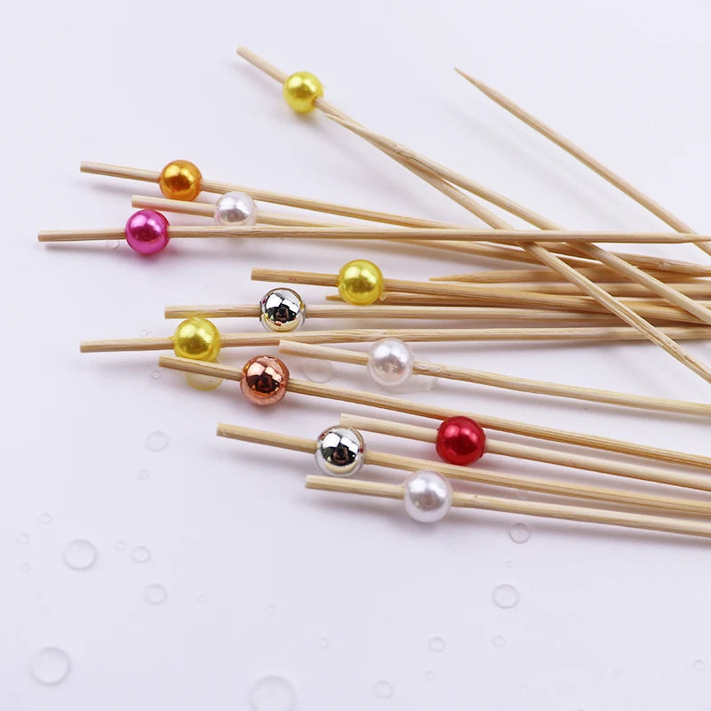 100pcs Pearl Bamboo Food Fruit Picks Fancy Cocktail Toothpicks For Birthday Wedding Valentine's Day Decoration Party Supplies