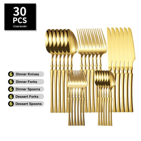 30pcs Glossy Gold Dinnerware Set Stainless Steel Tableware Knife Tea Fork Coffee Spoon Flatware Dishwasher Safe Dinner Cutlery