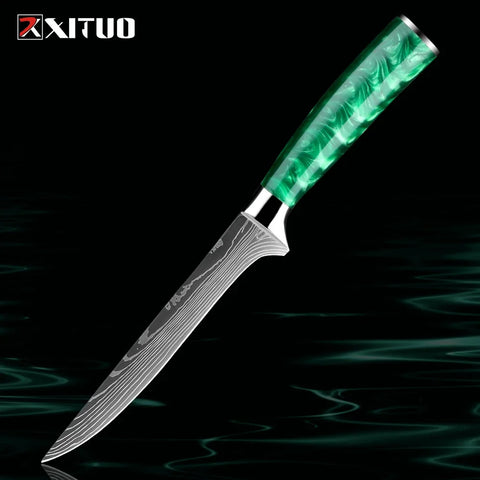 Pro Chef Knife Set 1-8PCS,7Cr17Mov Steel Kitchen Cooking Knives Utility Knife Super sharp Blade Ergonomic Green Resin Handle