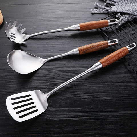 304 Stainless Steel Wood Handle Wide Fried Fish Spatulas Steak Shovel Fish Turner Slotted Beveled Kitchen Cooking Utensils