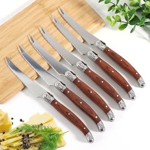 2/4/6/8pcs Stainless Steel Pronged Cheese Knife Pizza Cheese Tools High-end Pakka Wood Sharp Blade Steak Knives