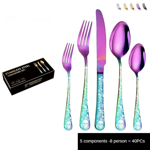 Stainless steel knife, fork and spoon set tableware Skull Western food gift box with 5 components for 4 people /8 people