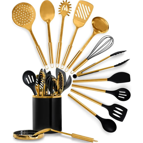 Styled Settings Black and Gold Cooking Utensils Set -13 PC Black and Gold Kitchen Utensils Set Includes Black Ceramic Utensil