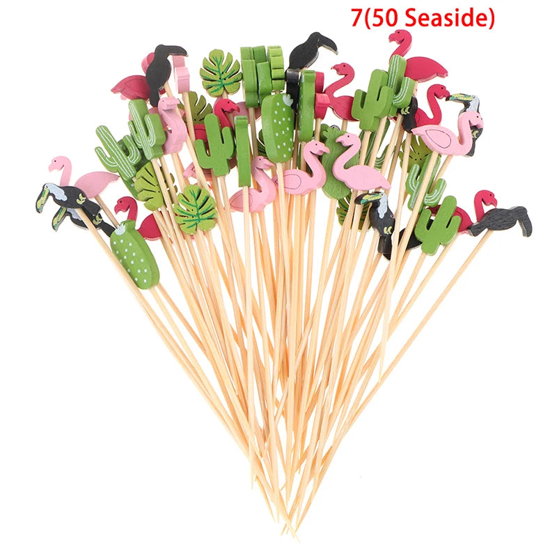 50/100Pcs Disposable Bamboo Skewers Food Cocktail Picks Buffet Fruit Cupcake Fork Sticks Party Table Decoration Supplies