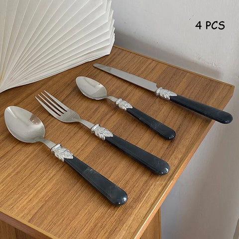 Stainless Steel Flatware Set, Knife, Fork, Spoon, Marble Plastic Handle, Household Light, Luxury Dessert Scoop, Steak Sword