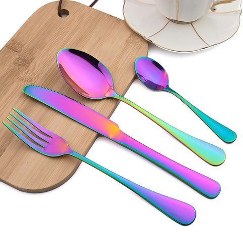 AJOYOUS Dinnerware Set Stainless Steel Mirror 24Pcs Tableware Western Knife Fork Spoon Flatware Cutlery Set Kitchen Silverware