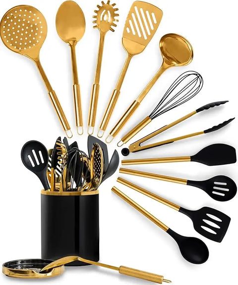 Styled Settings Black and Gold Cooking Utensils Set -13 PC Black and Gold Kitchen Utensils Set Includes Black Ceramic Utensil