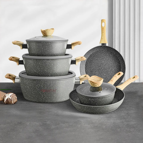 Eco-friendly Hot Wholesale Forged Aluminum Cookware set Granite marble stone of non stick frying pan set and soup pot