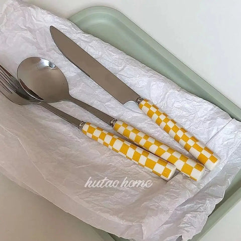 Korean Checkerboard Knife Fork Spoon Stainless Steel Cutlery Fork Knife Soup Dessert Ice Spoon Complete Dinner Dinnerware Set