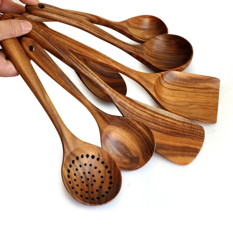 7pcs/set Teak Natural Wood Tableware Spoon Colander Spoon Special Nano Soup Skimmer Cooking Spoon Wooden Kitchen Tool Kit