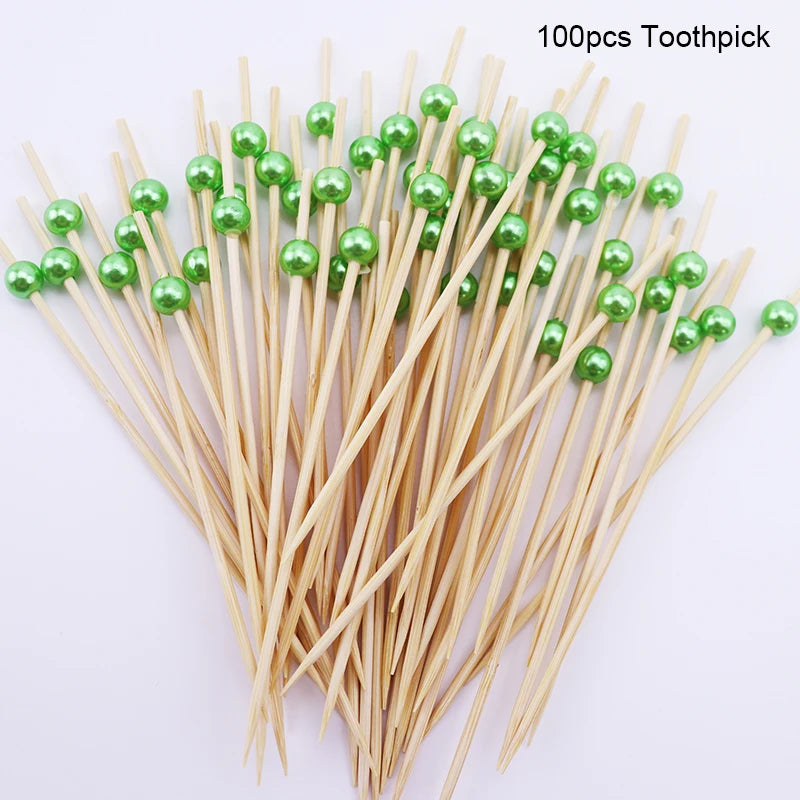 100pcs Pearl Bamboo Food Fruit Picks Fancy Cocktail Toothpicks For Birthday Wedding Valentine's Day Decoration Party Supplies