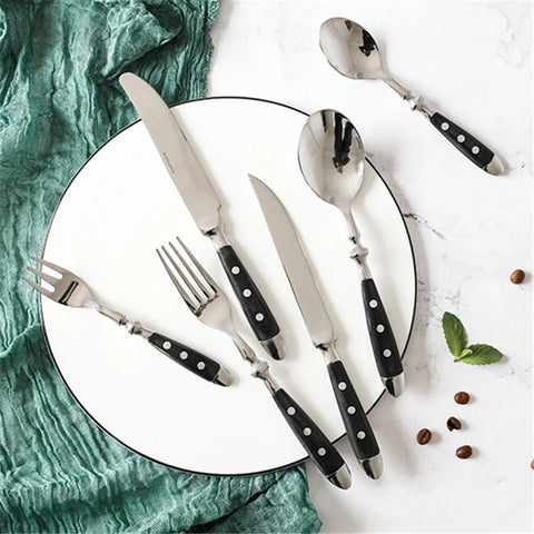 Hotel Stainless Steel Table Knife Fork Spoon Sets Teaspoon Teafork Steak Knife Cutlery Restaurant Serviing Set Black Wood Handle