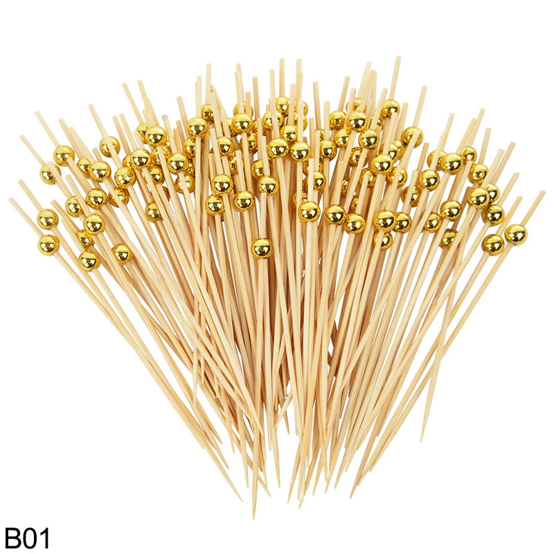 100Pcs Pearl Disposable Bamboo Skewers Wooden Cocktail Picks Fruit Picks Snack Fork Skewer Wedding Birthday Party Supplies