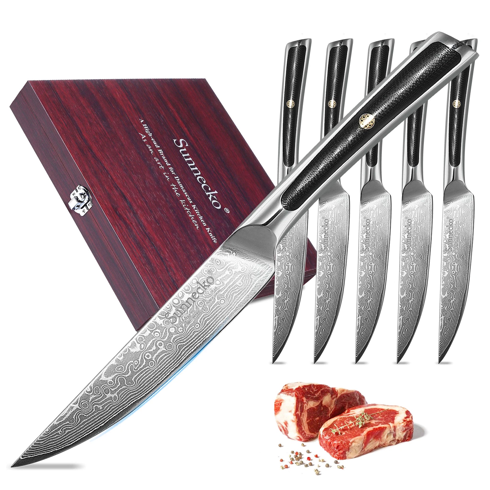 SUNNECKO 6-Piece VG10 Damascus Steak Knife Set – Serrated Dinner Blades