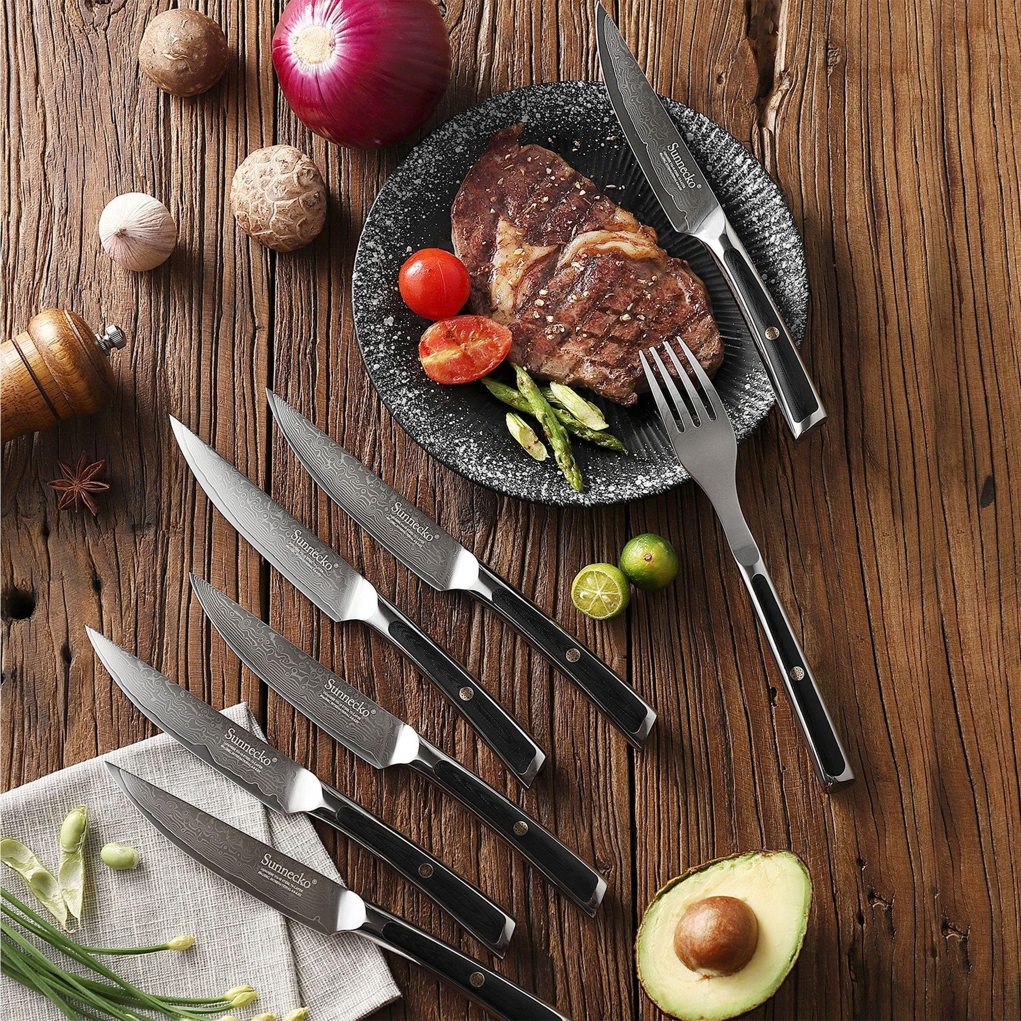 SUNNECKO 6-Piece VG10 Damascus Steak Knife Set – Serrated Dinner Blades